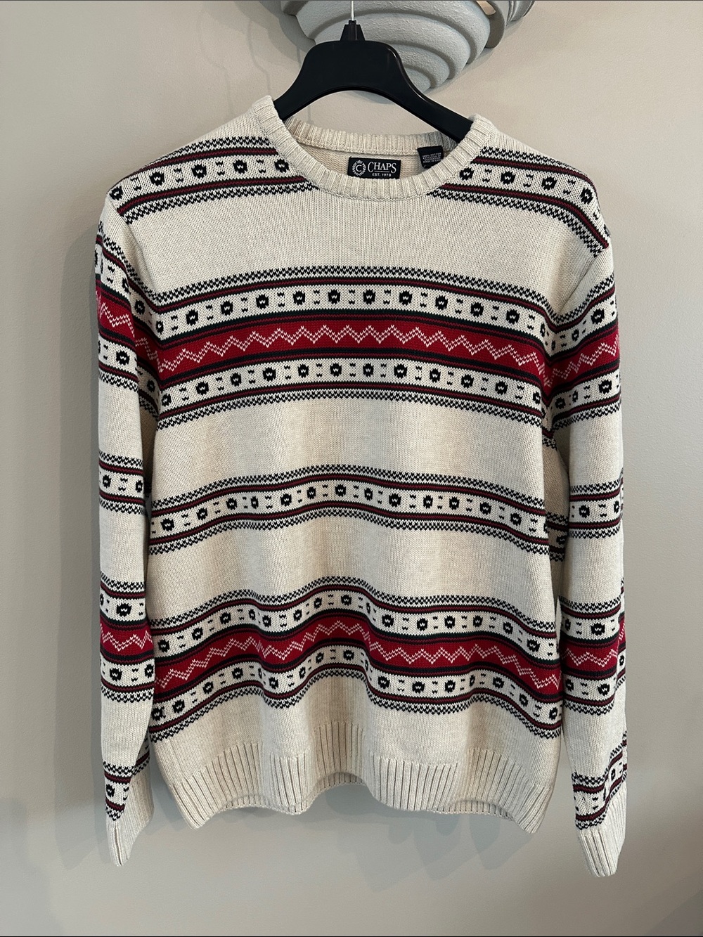 Vintage Chaps Geometric Aztec 100% Cotton Knit Sweater Crewneck Red Cream XL